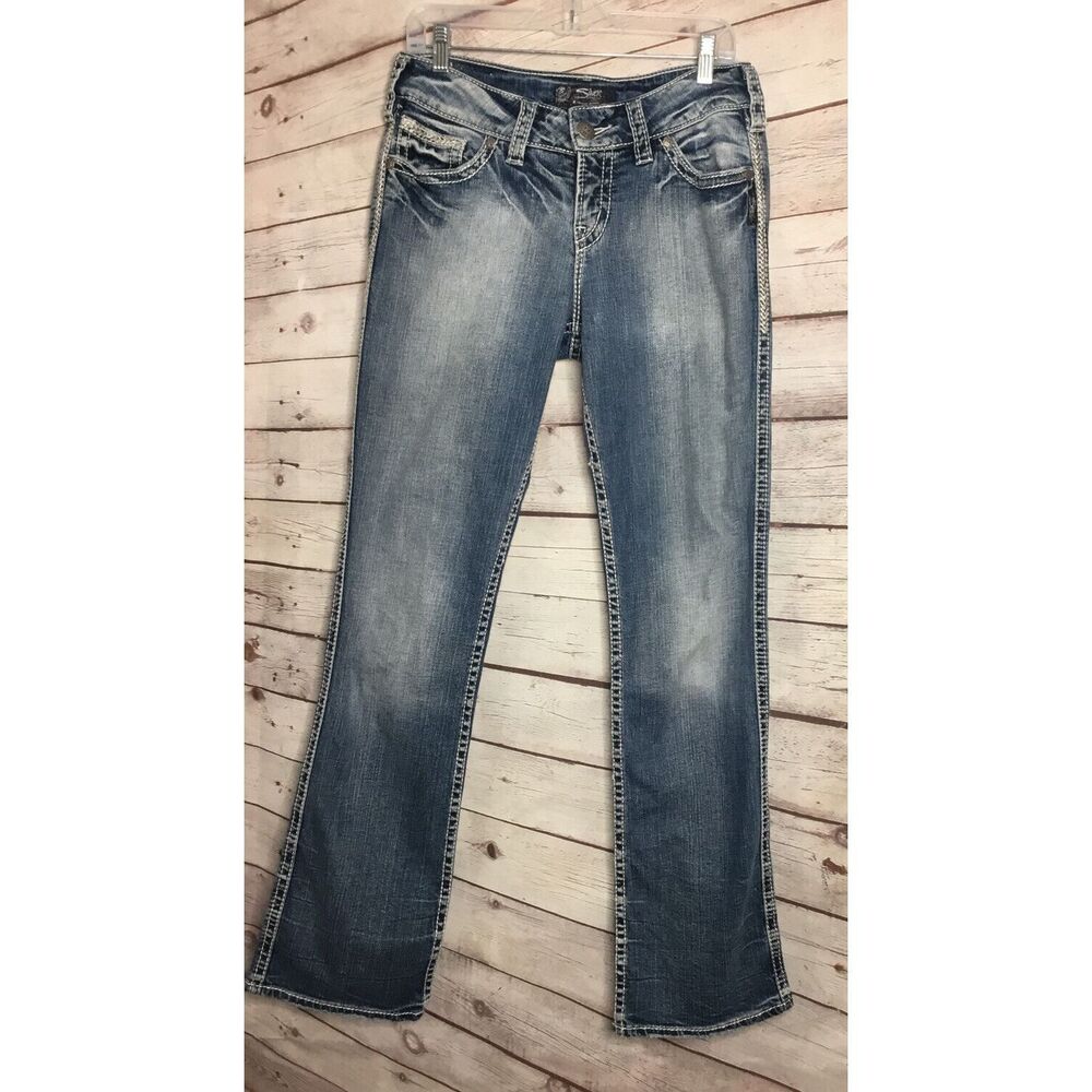Women's Silver Jeans Suki 17" Flap Stretch W29/ L33 Bootcut Stitching 5‎ Pockets